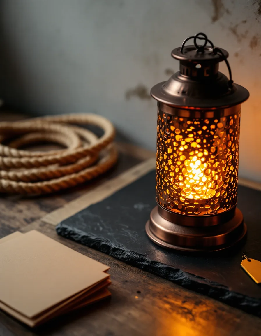 A glowing copper lantern beside rope, a brass tag and manila folders