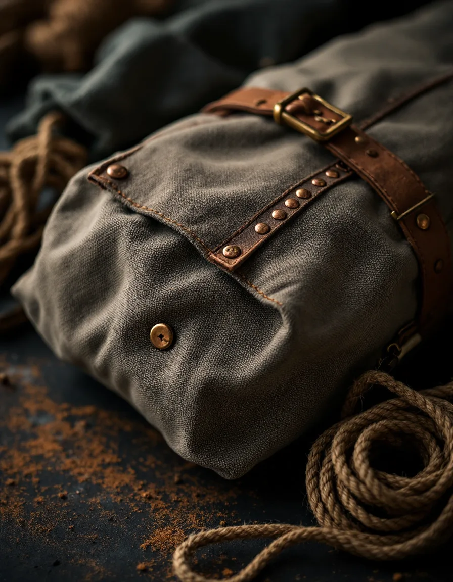 A weathered canvas bag with copper rivets and a brass tag