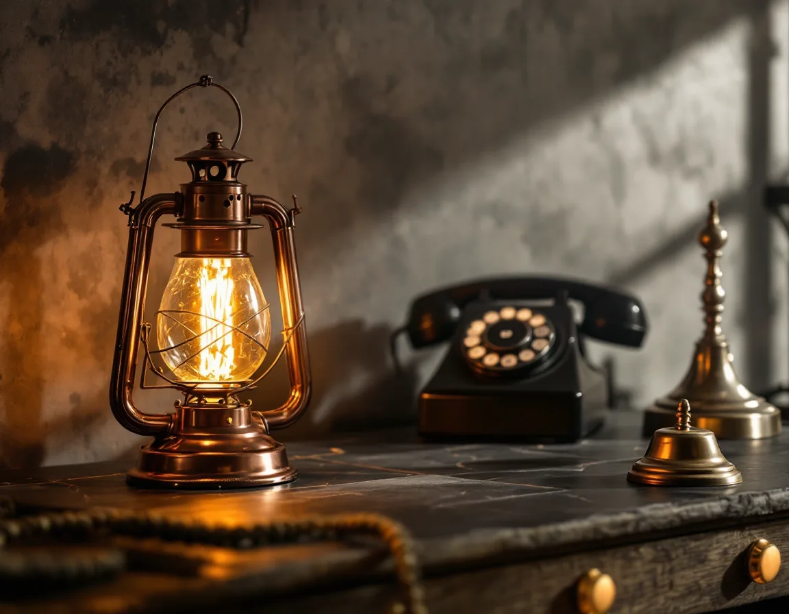 A glowing copper lantern beside a rotary telephone and a brass bell on slate