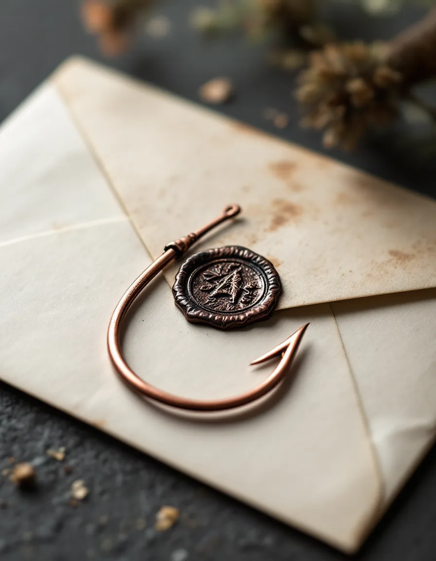 A hand-bent copper fish hook on a wax-sealed cream envelope